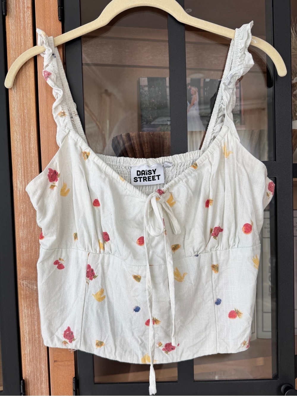 Daisy Street fruits linen crop top tie front bow ruffle berries asos watercolor